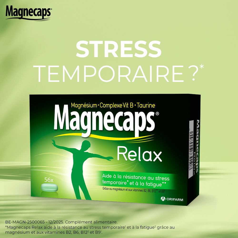 Emballage Magnecaps Relax. Contient 56 comprimés. Contient magnésium, vitamines B et taurine. Design vert et noir.