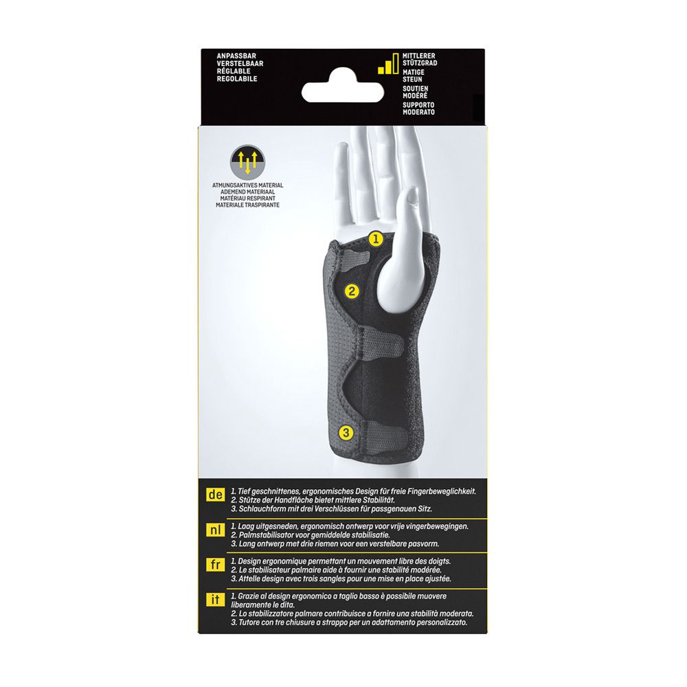 Achterkant van de verpakking. Polsspalk afgebeeld. Tekst in het Duits, Nederlands, Frans, Italiaans. Productkenmerken.