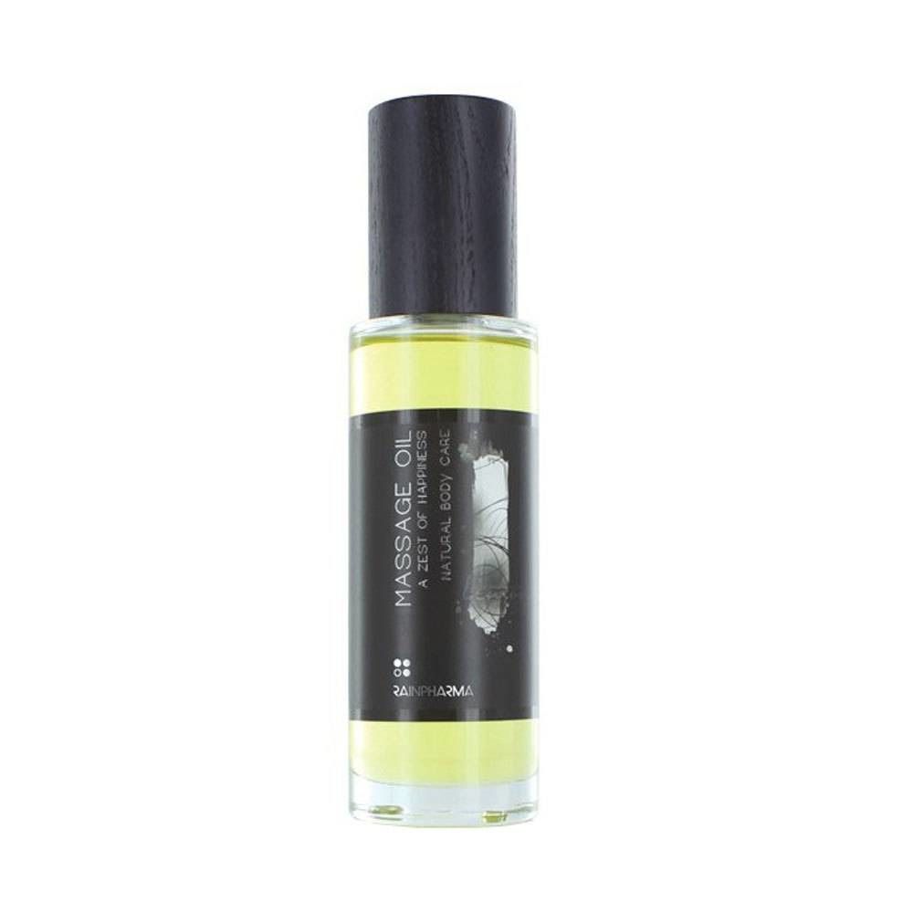 Huile de massage transparente en flacon de verre avec bouchon en bois noir. Inscription : Massage Oil, A Zest of Happiness, Natural Body Care.