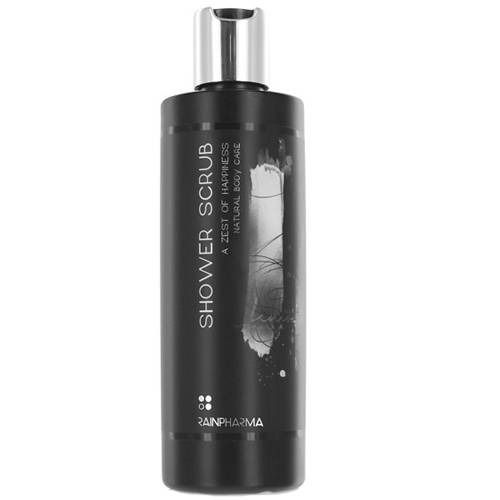 Flacon noir avec bouchon argenté. Inscription: Shower Scrub, RainPharma. Illustration de plantes.