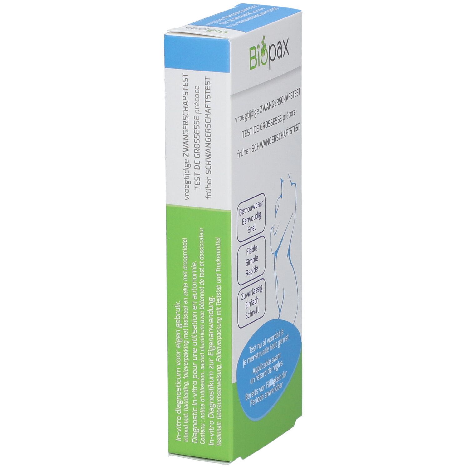 Verpakking BioPax zwangerschapstest met vrouwensilhouet en gedetailleerde gebruiksaanwijzing.
