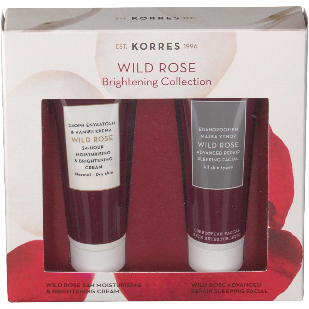 Coffret cadeau KORRES Wild Rose Brightening Collection. Contient deux tubes de crème hydratante 24h et de masque de nuit.