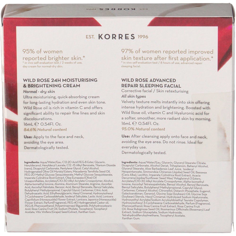 Dos du coffret cadeau. Texte KORRES Wild Rose. Informations sur les ingrédients et l'utilisation des produits.