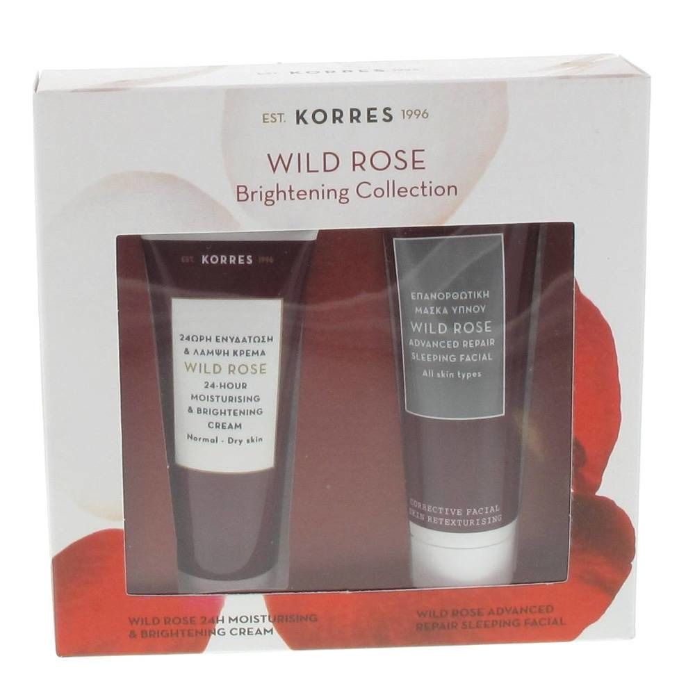 Coffret cadeau KORRES Wild Rose Brightening Collection. Contient deux tubes de crème hydratante 24h et de masque de nuit.