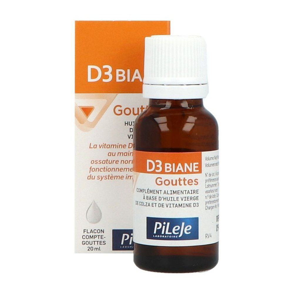 Bruine glazen fles met witte druppeldop, etiket "D3 Biane Druppels".