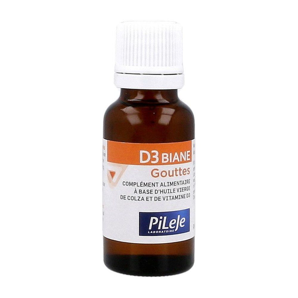 Bruine glazen fles met witte druppeldop, etiket "D3 Biane Gouttes".