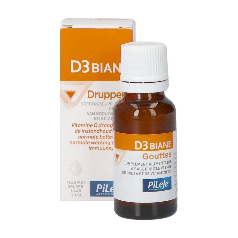 Bruine glazen fles met witte druppeldop, etiket "D3 Biane Druppels".