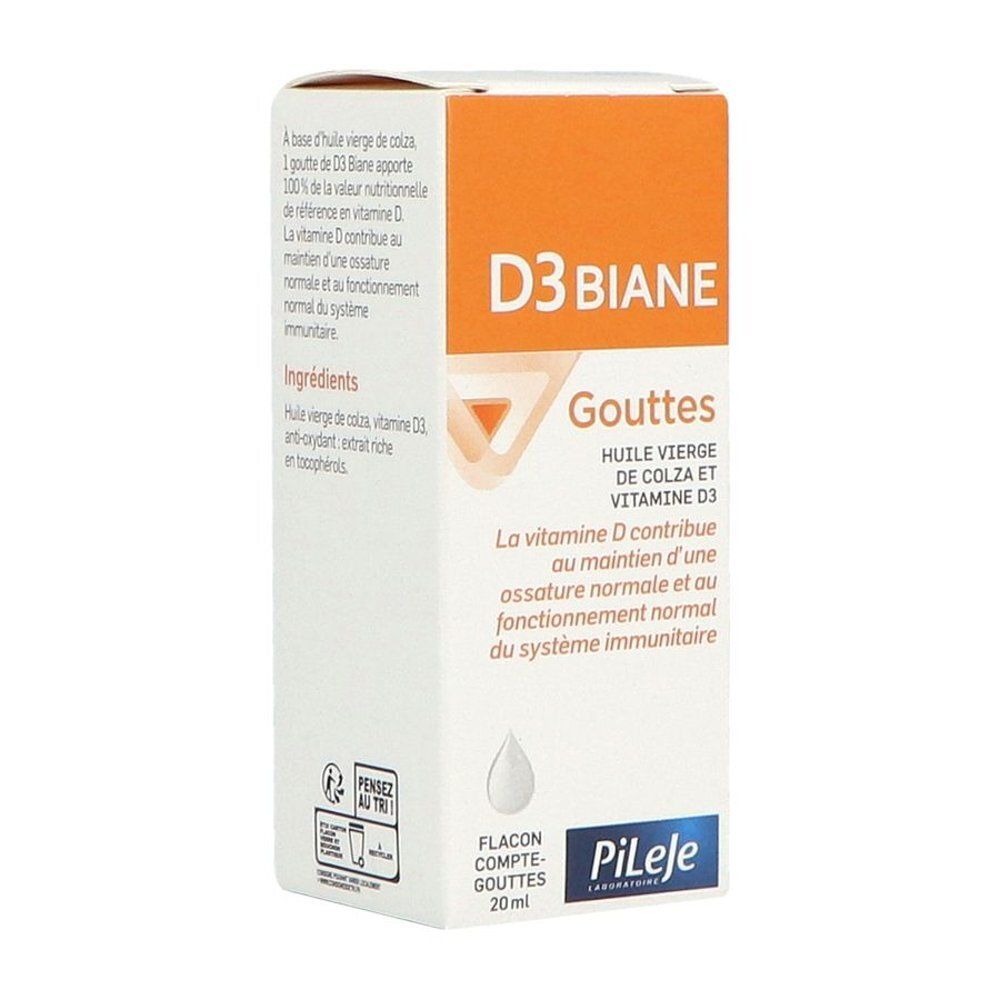 Flacon en verre brun avec bouchon compte-gouttes blanc, étiquette "D3 Biane Gouttes".