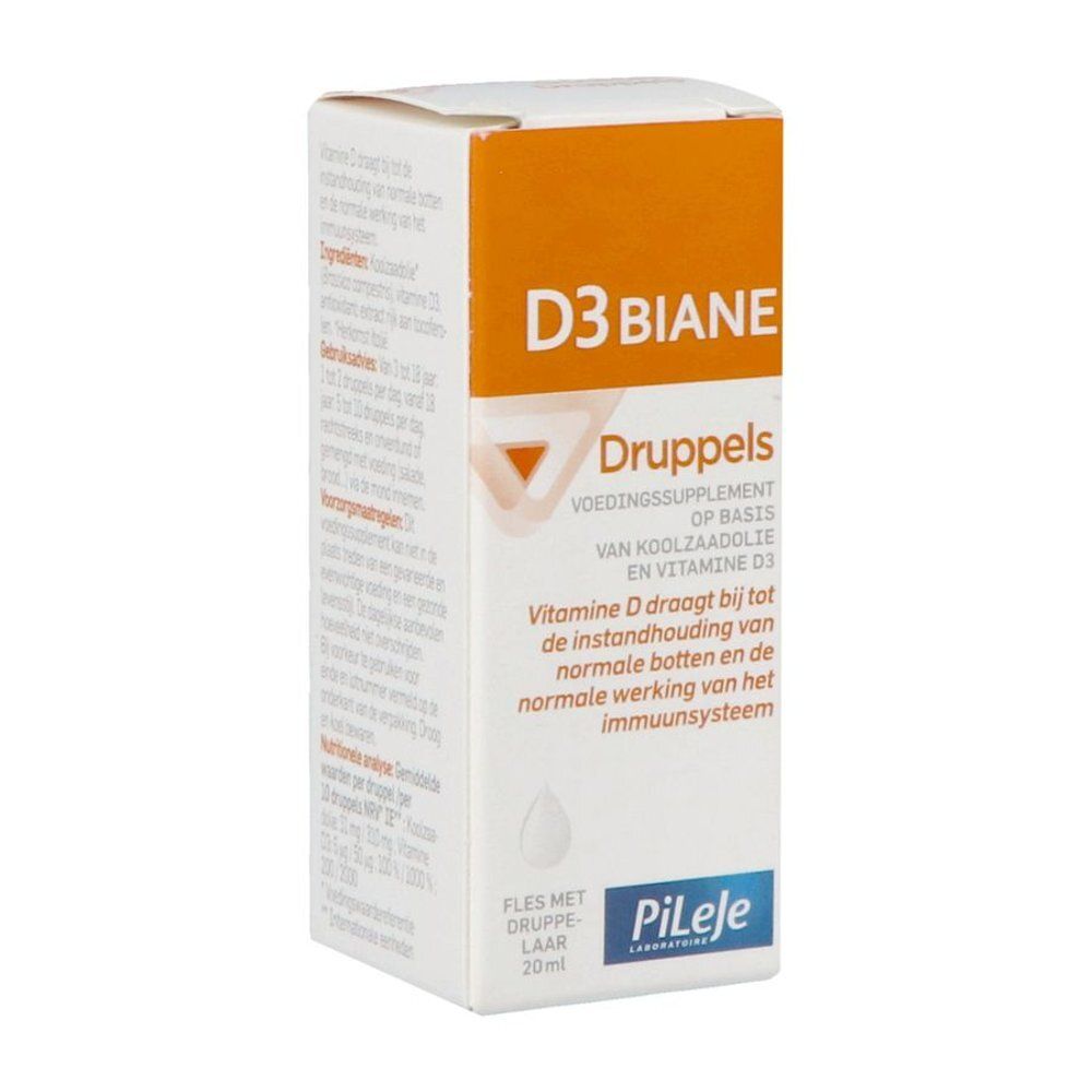 Flacon en verre brun avec bouchon compte-gouttes blanc, étiquette "D3 Biane Gouttes".