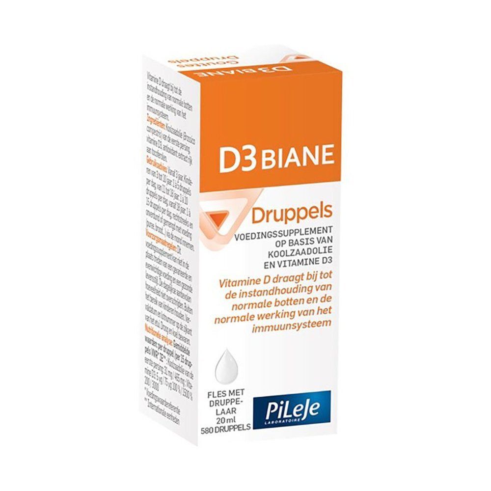 Bruine glazen fles met witte druppeldop, etiket "D3 Biane Druppels".