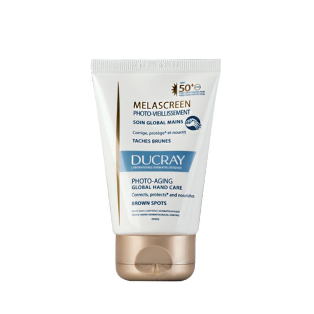 Tube de crème MELASCREEN PHOTO-VIEILLISSEMENT SOIN GLOBAL MAINS. Bouchon doré. Protection solaire SPF 50+.