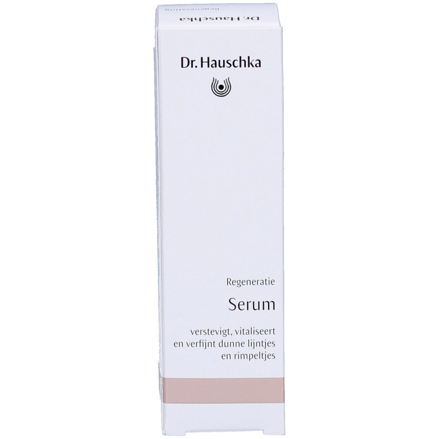 Boîte blanche avec texte: Regeneratie Serum. Bande rose en bas.