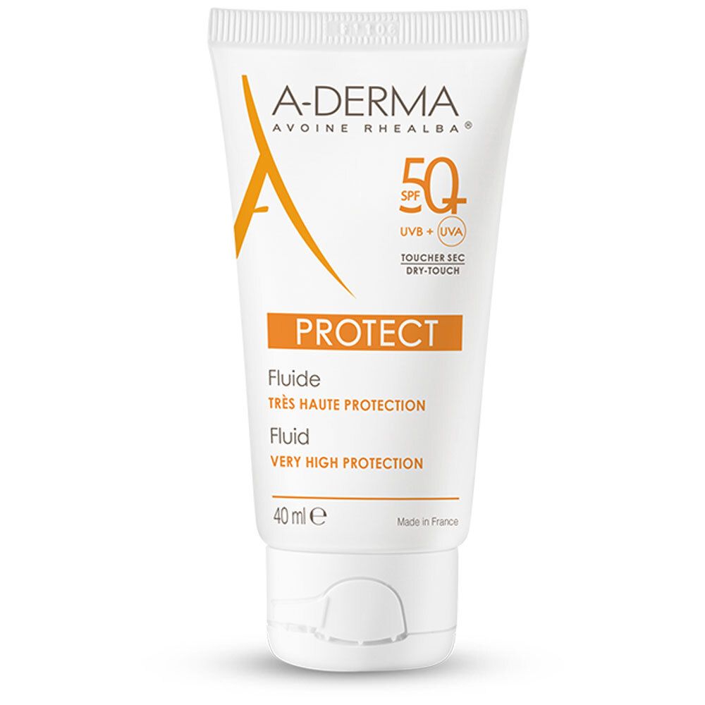 Tube blanc A-DERMA Protect, SPF 50+. Texte: Fluide, Très haute protection, Fluid, Very high protection. Contenance 40 ml. Fabriqué en France.