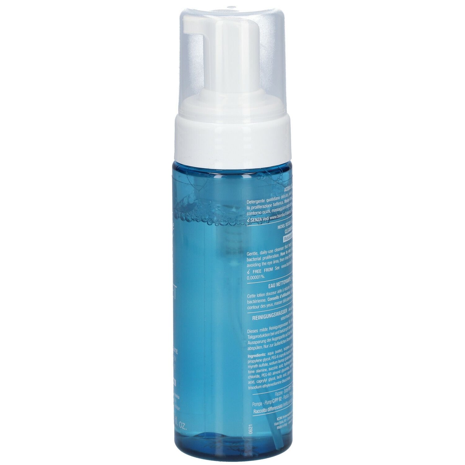 Flacon bleu transparent avec pompe blanche. Inscription: AKNET, Bionike. Aqua detergente, 150 ml.