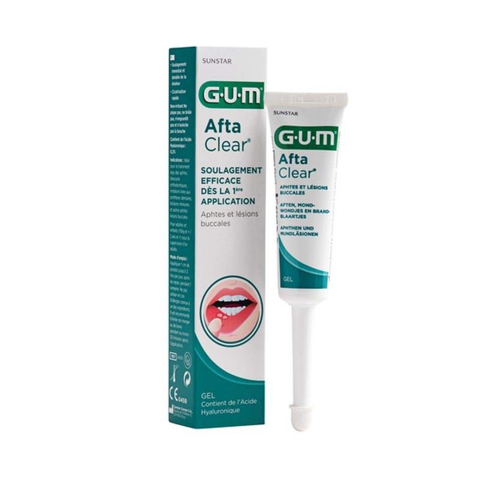 G-U-M Afta Clear gel en verpakking. Tube en doos. Productnaam en beschrijving. Mond illustratie.