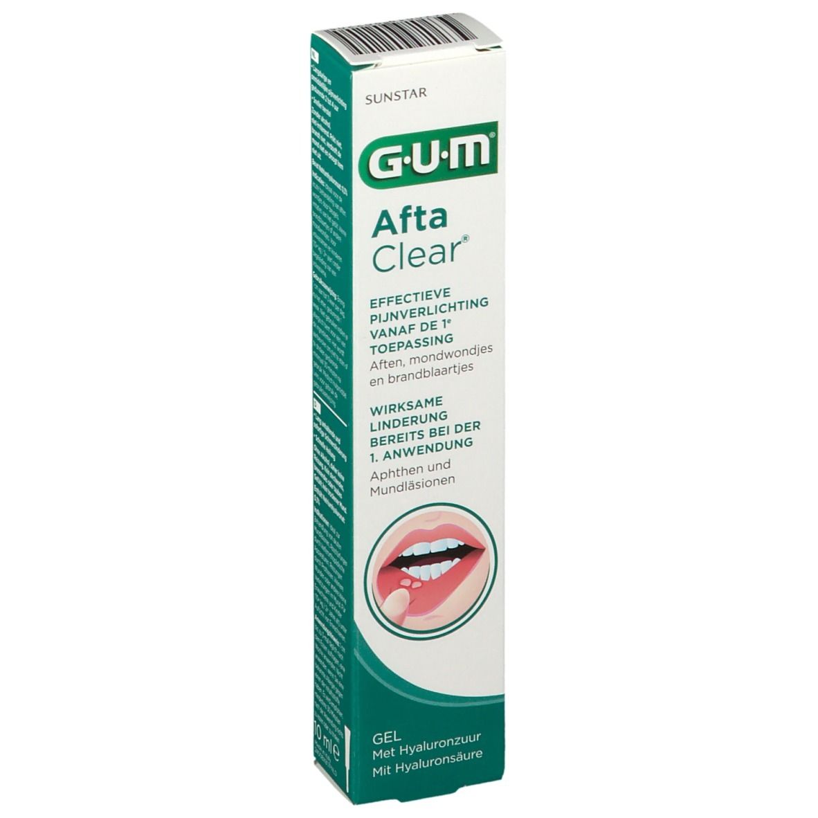 Boîte de gel G-U-M Aftaclear. Nom et logo du produit visibles. Contient de l'acide hyaluronique. Image d'une bouche avec des aphtes.