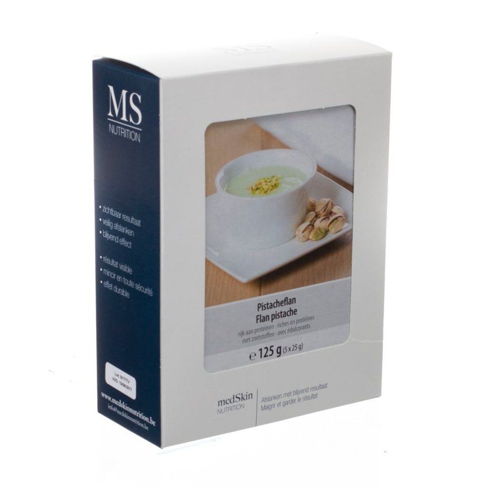 Witte verpakking met venster. In het venster: Pistacheflan in een kom. Opschrift: Pistacheflan, 125 g.
