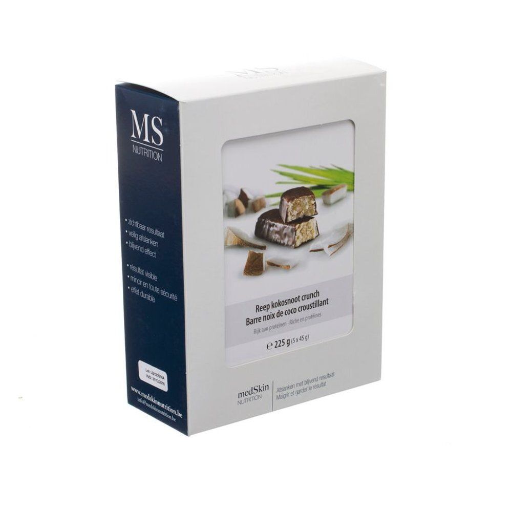 Boîte blanche avec fenêtre. Impression: MS Nutrition. Image du produit: barres croustillantes à la noix de coco. Texte: Beep kokosnoot crunch, 225g.