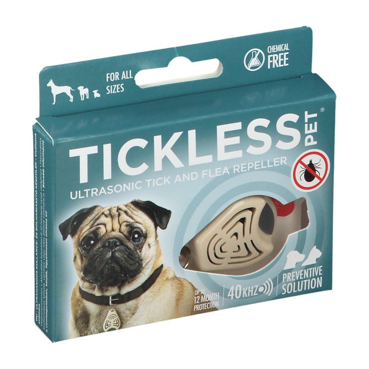 Verpakking voor TICKLESS PET® ultrasoon teken- en vlooienwerend apparaat.