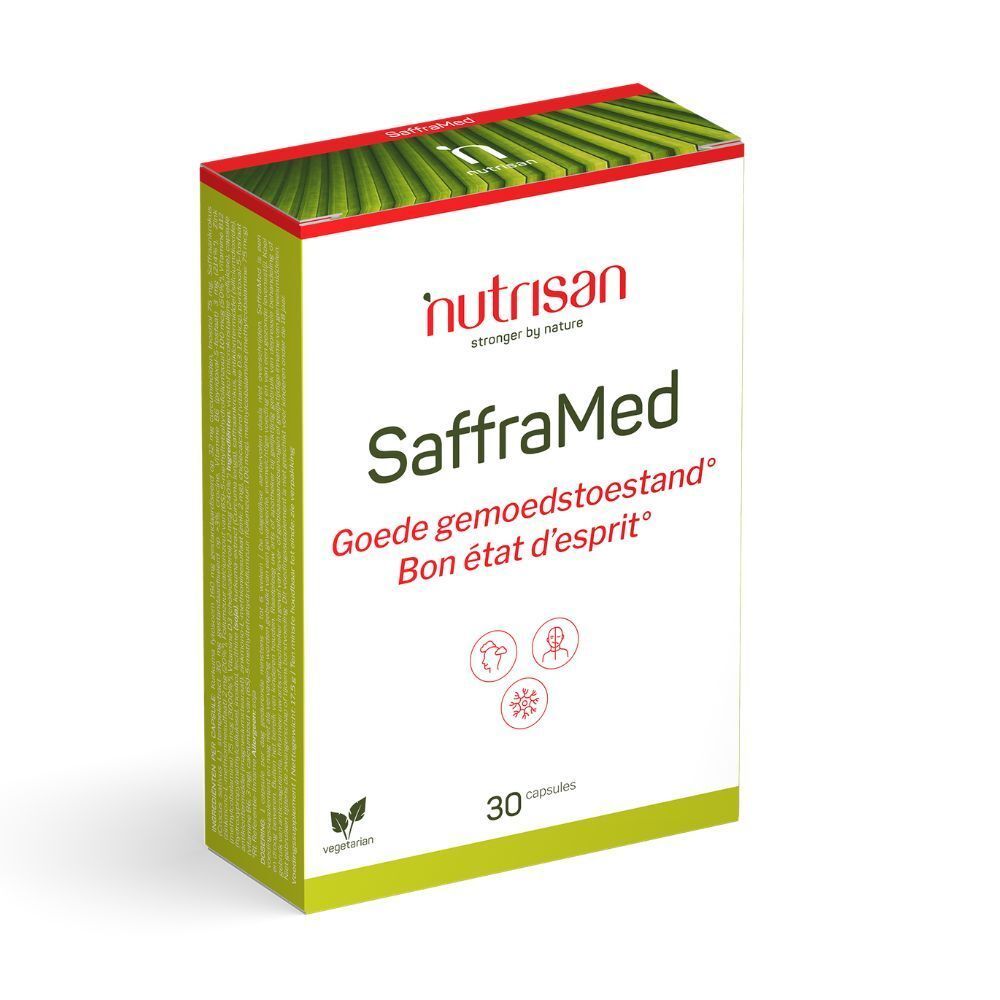 Doos Nutrisan SaffraMed. Opschrift: Goede gemoedstoestand. 30 vegetarische capsules. Groen-wit design.