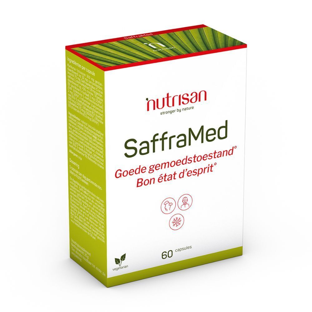 Witte doos met rode en groene tekst. Opschrift: Nutrisan, SaffraMed, 60 vegetarische capsules. Symbolen.