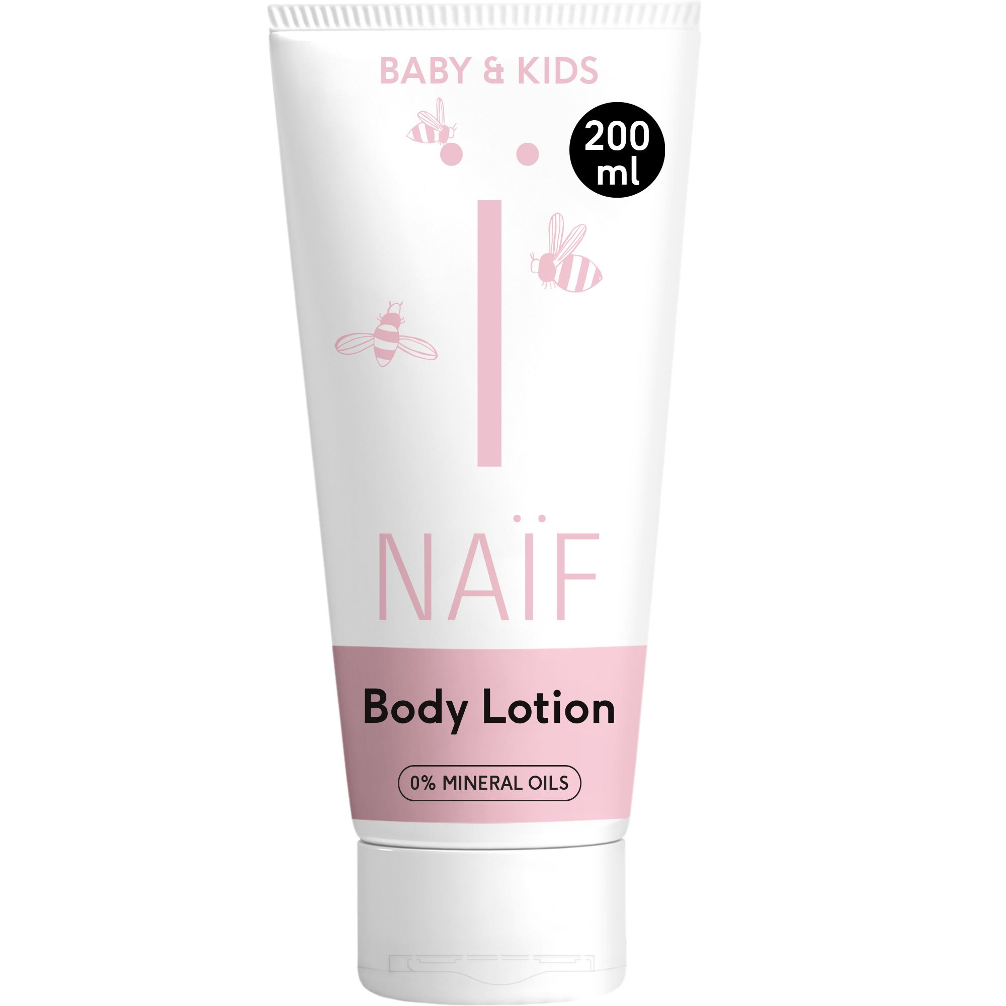 Witte tube met roze accenten. Opschrift: NAÏF, Baby & Kids, Body Lotion. Met amandelolie.