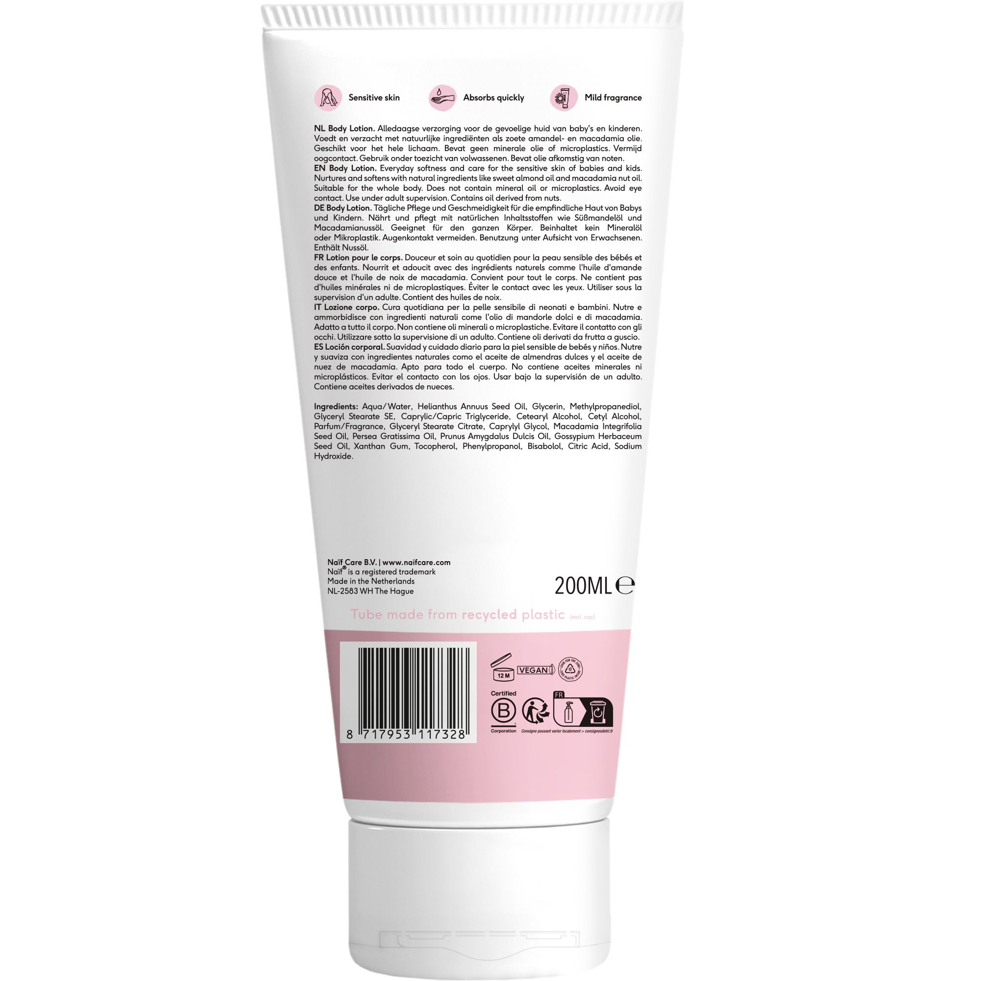 Achterkant van de tube. Tekst in meerdere talen. Ingrediënten. Vegan-logo. 200ml.