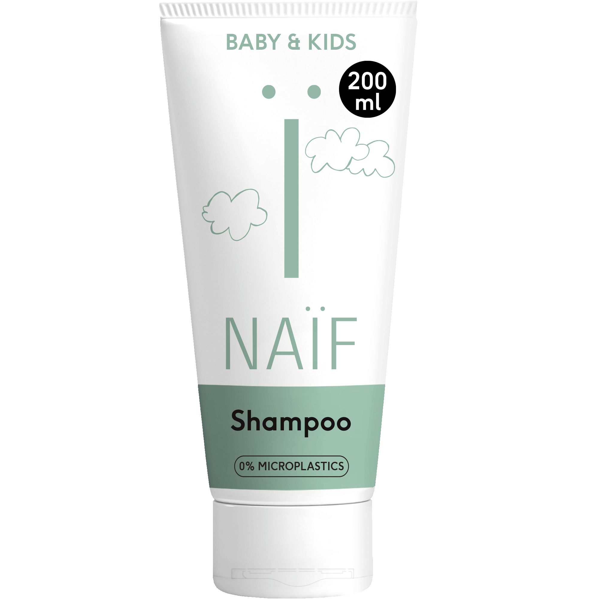 Witte tube met groen etiket. Tekst: BABY & KIDS, NAÏF, Nourishing Shampoo. 6.7 FL.OZ/200ml.