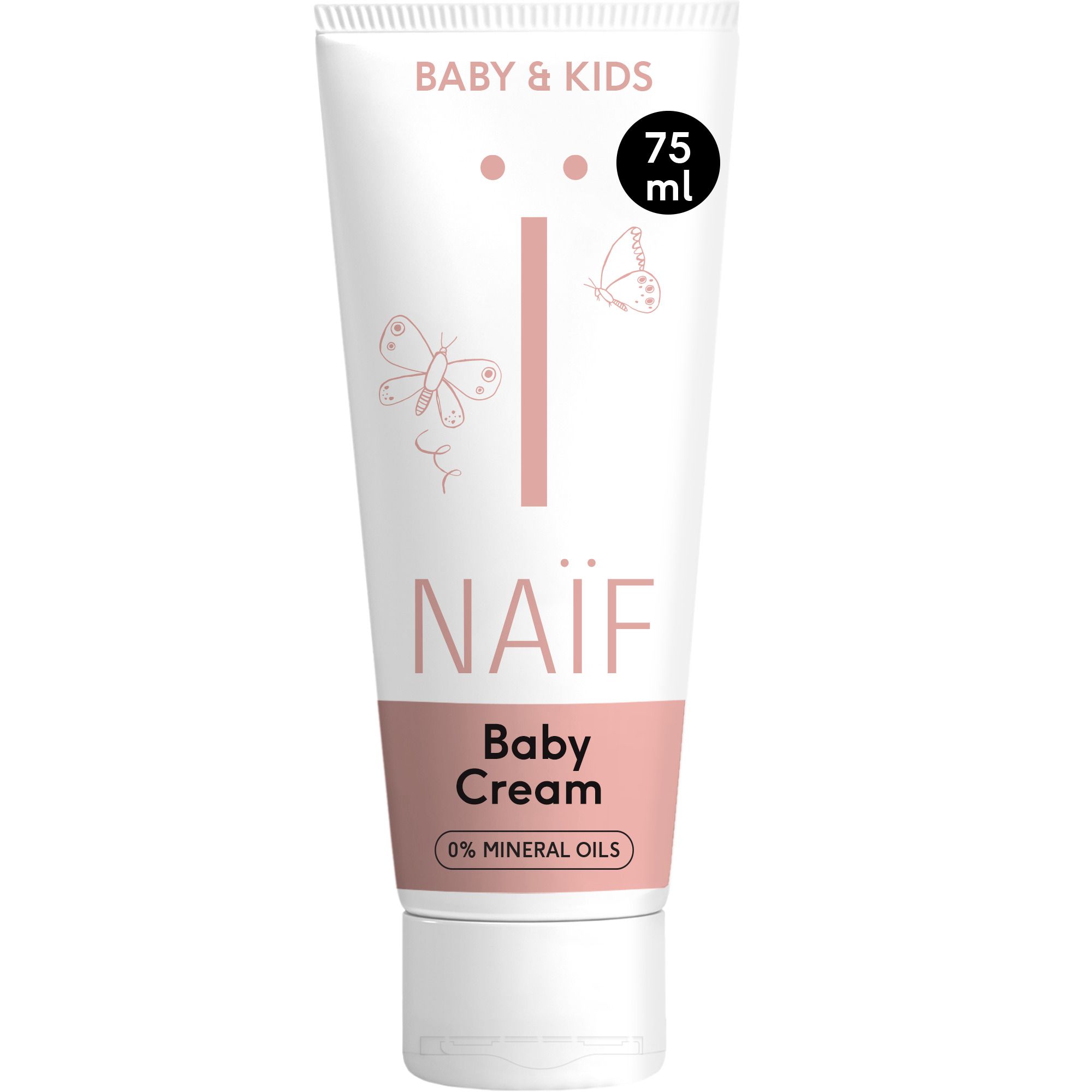 Tube blanche avec impression rose. Contient NAÏF® Baby & Kids Crème. Illustrations de papillons.