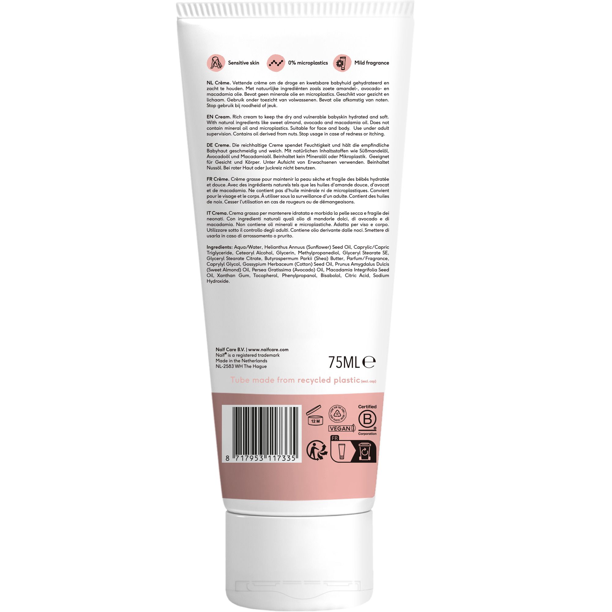 Achterkant van de tube met tekst. Bevat informatie over ingrediënten en merk.