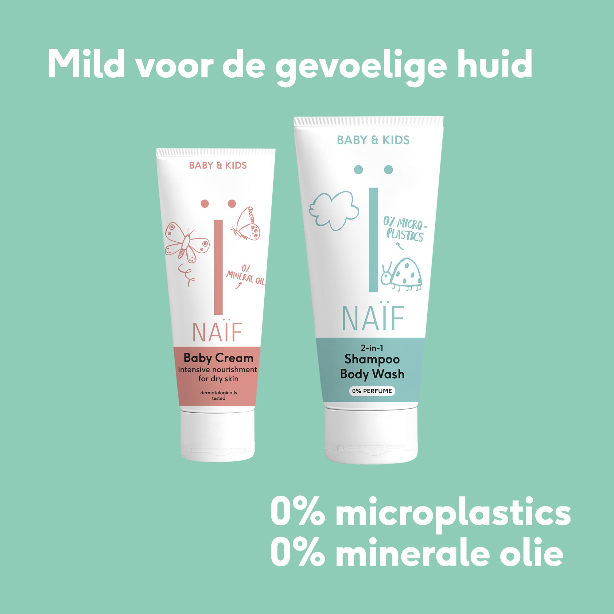 Zijkant van de verpakking NAÏF® Baby & Kids Crème. Tekst.