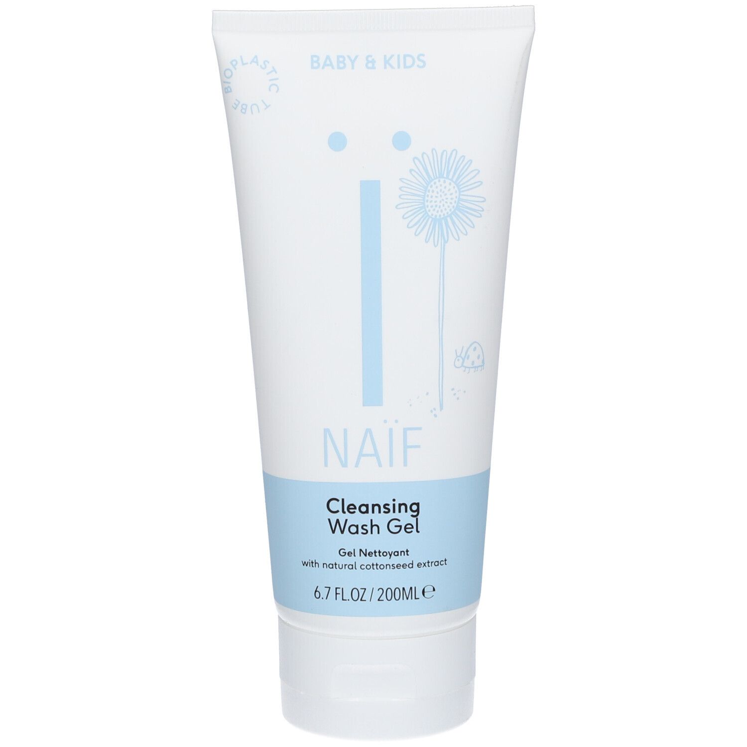 Tube blanche et bleue avec logo NAÏF et texte "Cleansing Wash Gel". Contient 200ml.