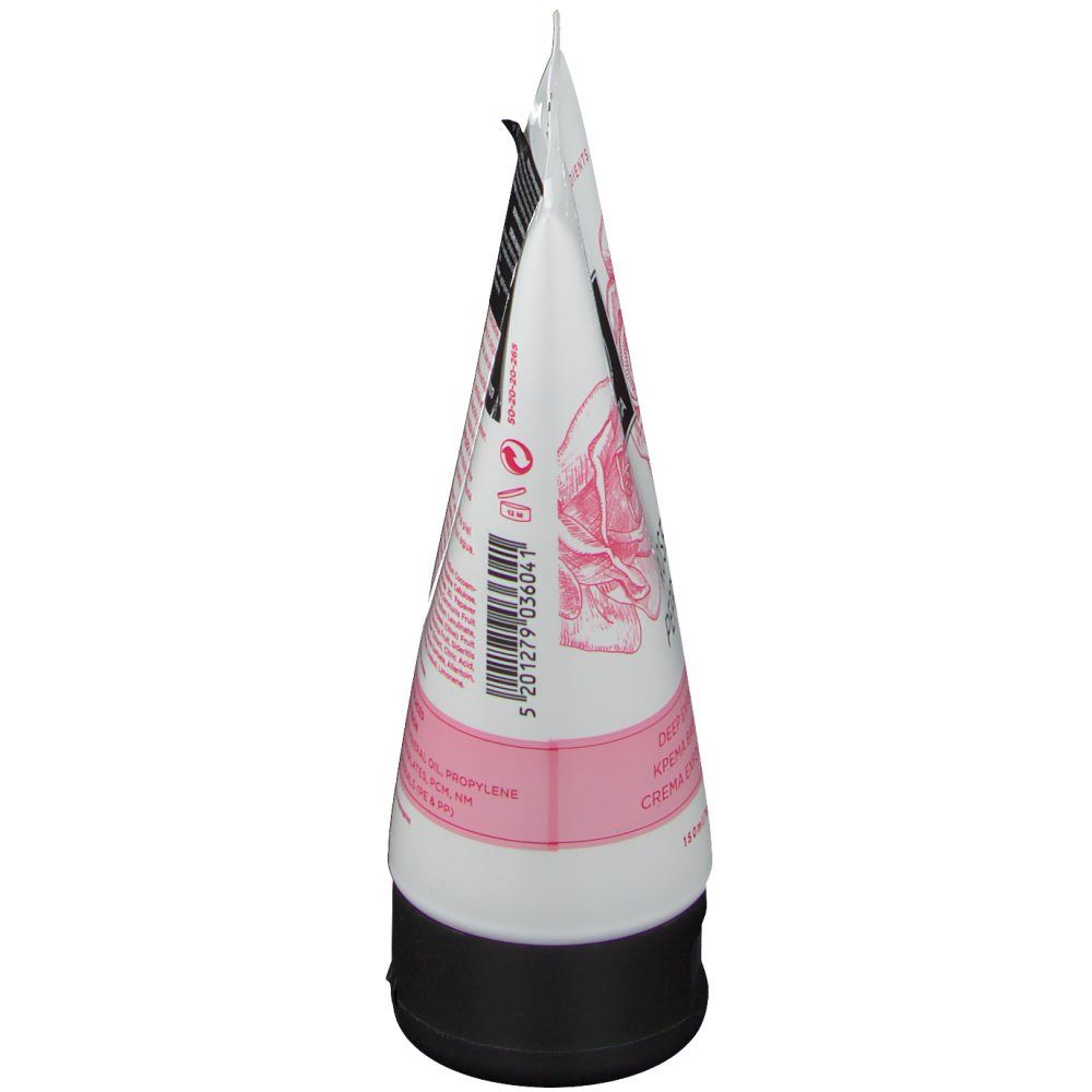 Tube blanc et rose avec bouchon noir. Impression avec motif floral et texte. Vue de côté.