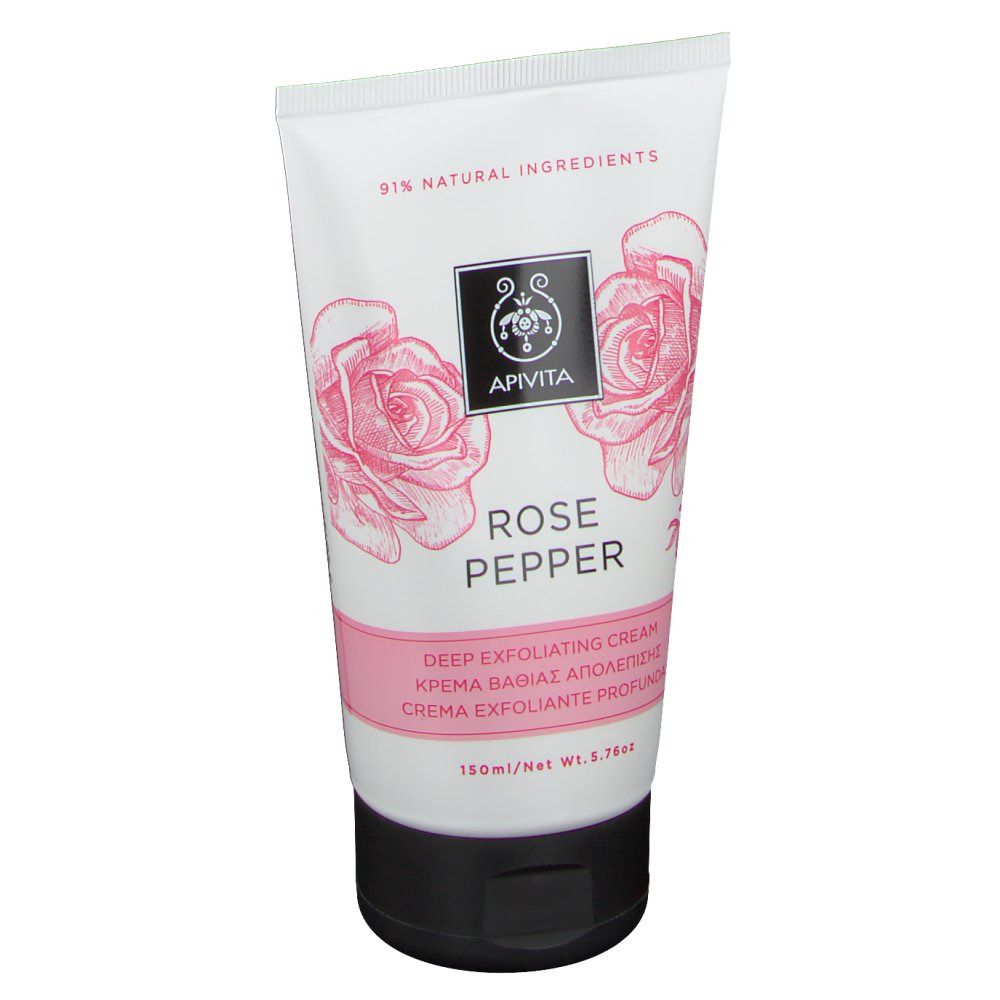 Tube blanc avec bouchon noir. Inscription : Apivita, Rose Pepper. 91% ingrédients naturels.
