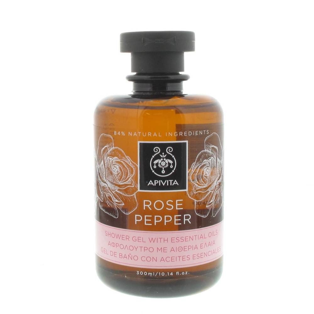 Flacon marron avec bouchon noir. Inscription: Apivita Rose Pepper. 84% ingrédients naturels. Illustration de rose.