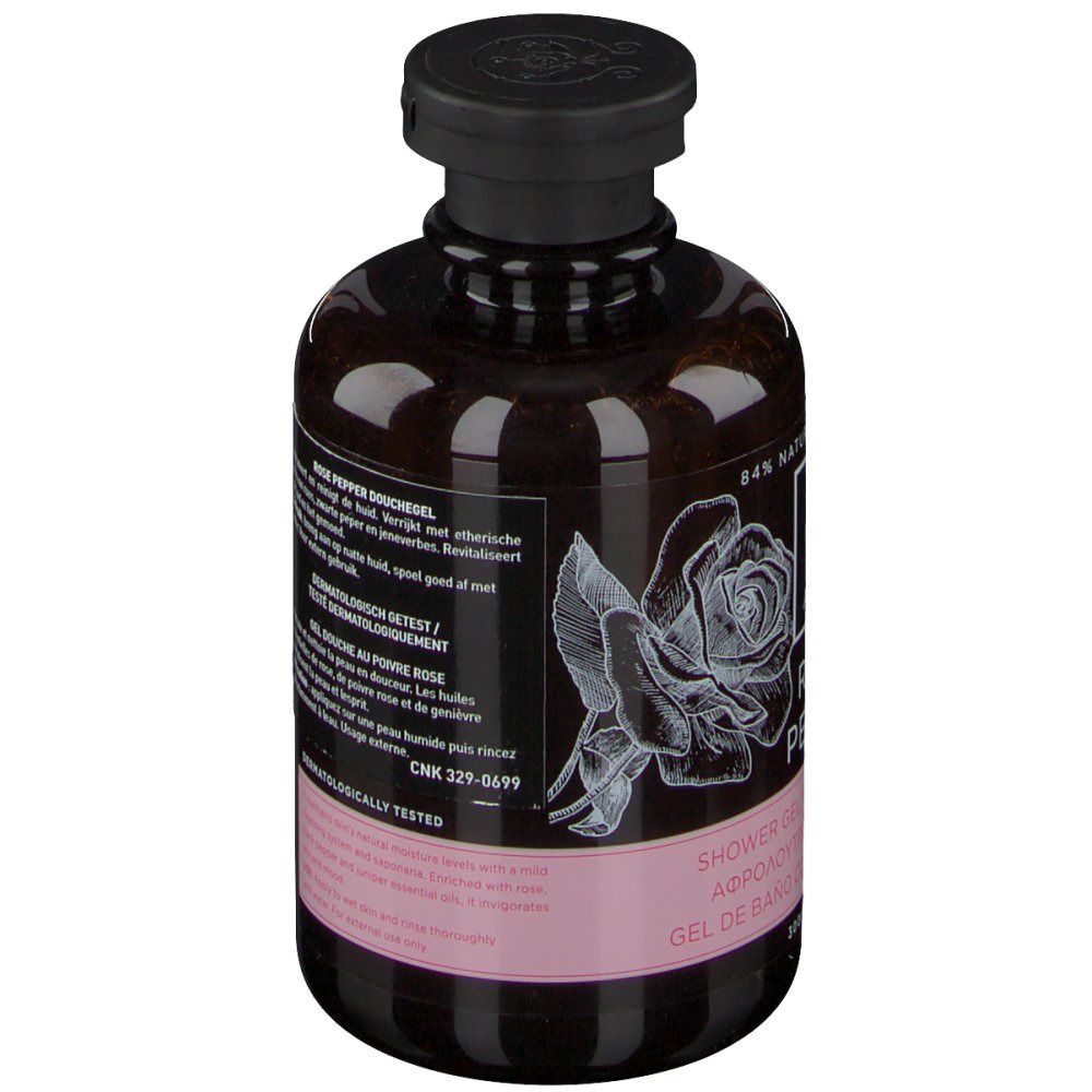 Dos d'un flacon marron avec bouchon noir. Texte: Gel douche Rose Pepper, testé dermatologiquement.
