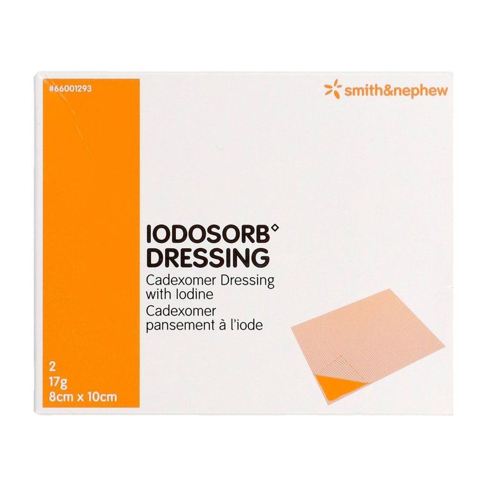 Verpakking van Iodosorb Dressing. Opschrift: Iodosorb Dressing, Cadexomer Dressing with iodine, 8cm x 10cm. Merk: smith&nephew.
