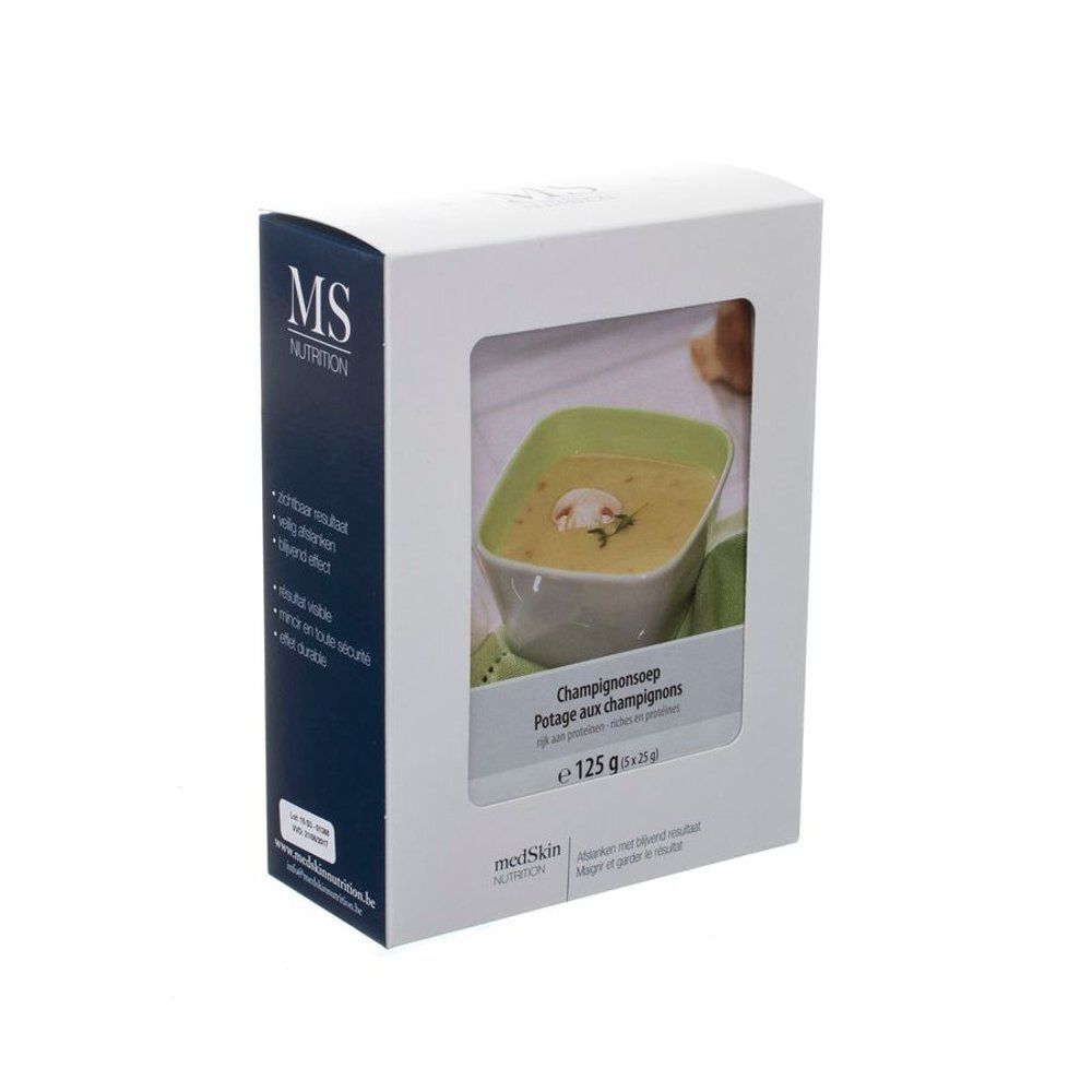 Boîte en carton blanche avec fenêtre. Dans la fenêtre : bol de soupe aux champignons. Sur l'emballage : logo MS Nutrition, nom du produit, poids.