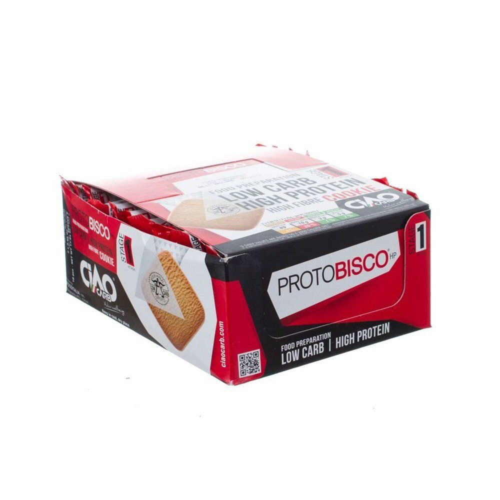 Verpakking van ProtoBisco koekjes. Rode en zwarte doos met productinformatie en logo. Enkele koekjes zichtbaar.