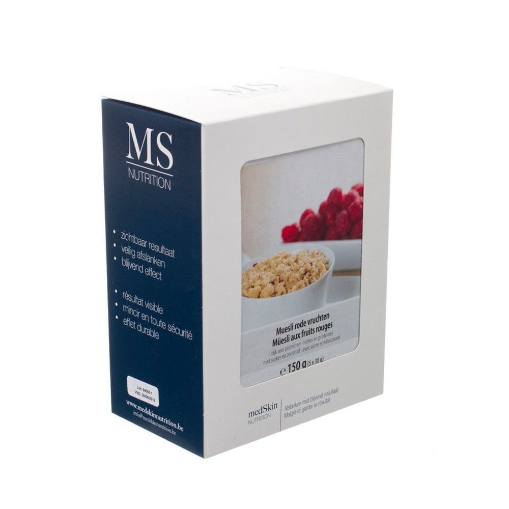 Witte doos met venster, MS Nutrition logo. Afbeelding van muesli met rood fruit. Tekst: Muesli rode vruchten, Muesli aux fruits rouges.