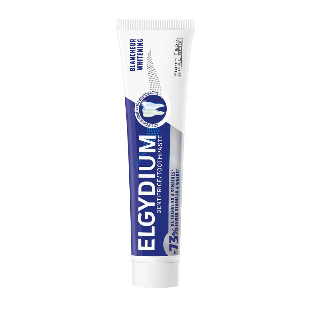 Tandpastatube, wit-blauw. ELGYDIUM Dentifrice/Toothpaste. Blanches/Whitening. 73% minder vlekken.
