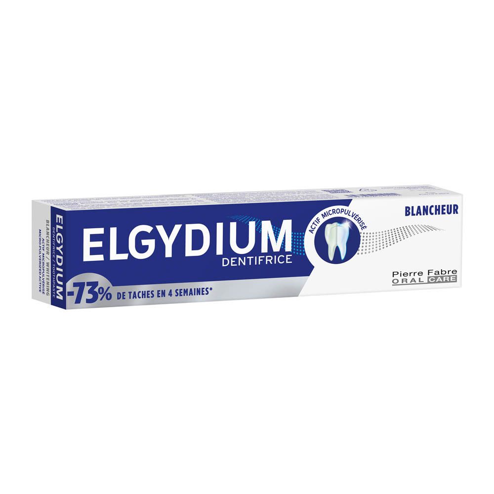 Tandpastadoos, blauw-wit. ELGYDIUM Dentifrice. 73% minder vlekken in 4 weken.