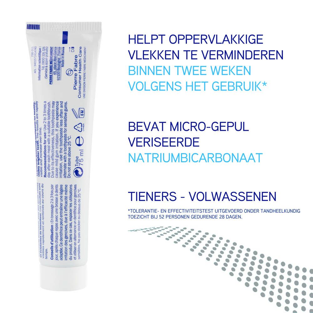Witte tandpastatube. Achterkant met tekst. Bevat natriumbicarbonaat. Tieners en volwassenen.