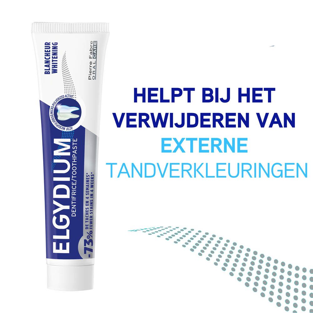 Tandpastatube, wit-blauw. ELGYDIUM Dentifrice/Toothpaste. Helpt externe tandverkleuringen te verwijderen.