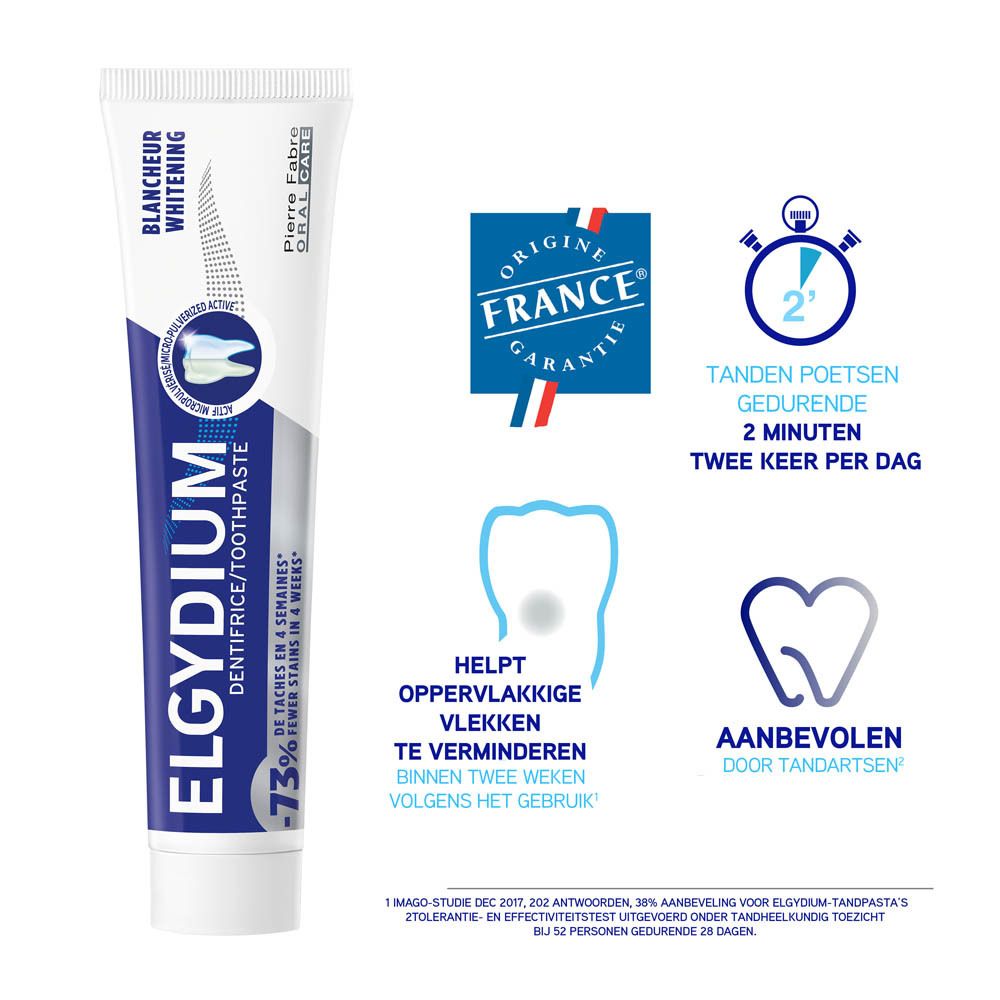 Tandpastatube, wit-blauw. ELGYDIUM Dentifrice/Toothpaste. Met logo's en tekst.