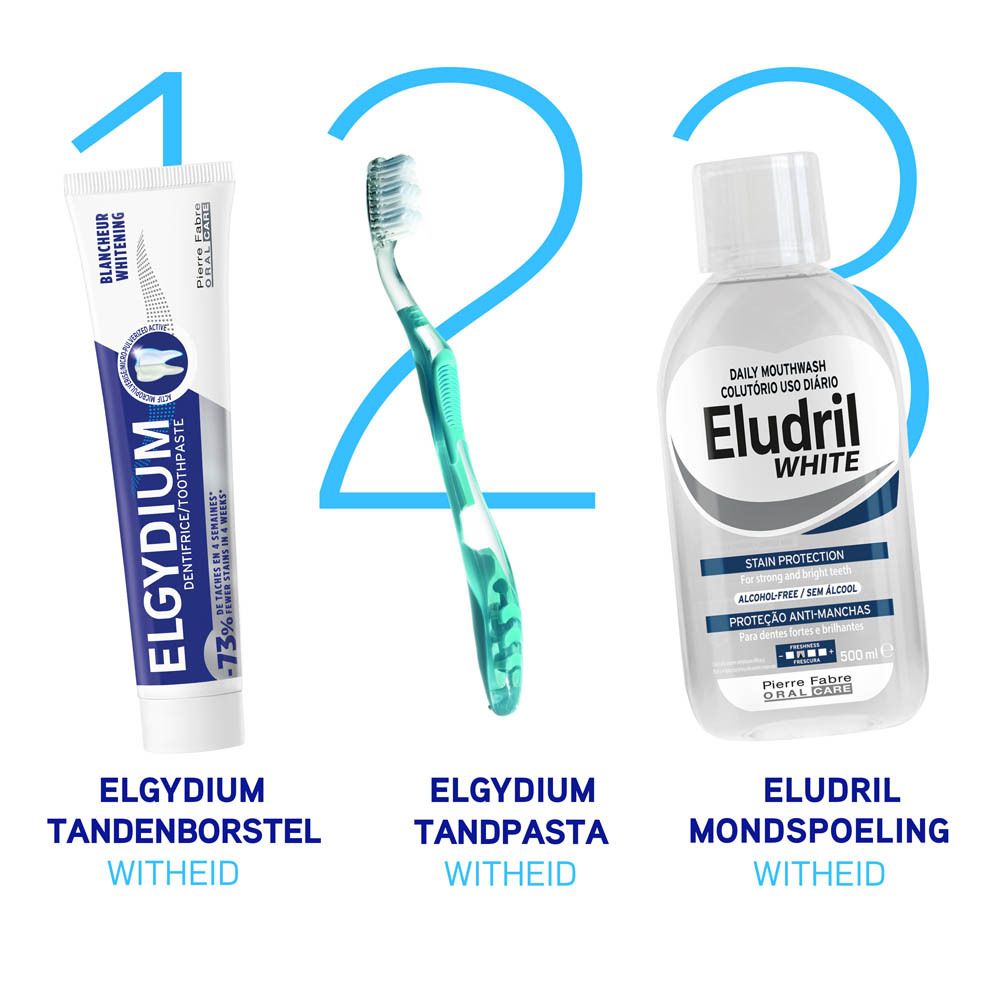 Drie producten: ELGYDIUM tandpasta, tandenborstel en mondspoeling. Met tekst.