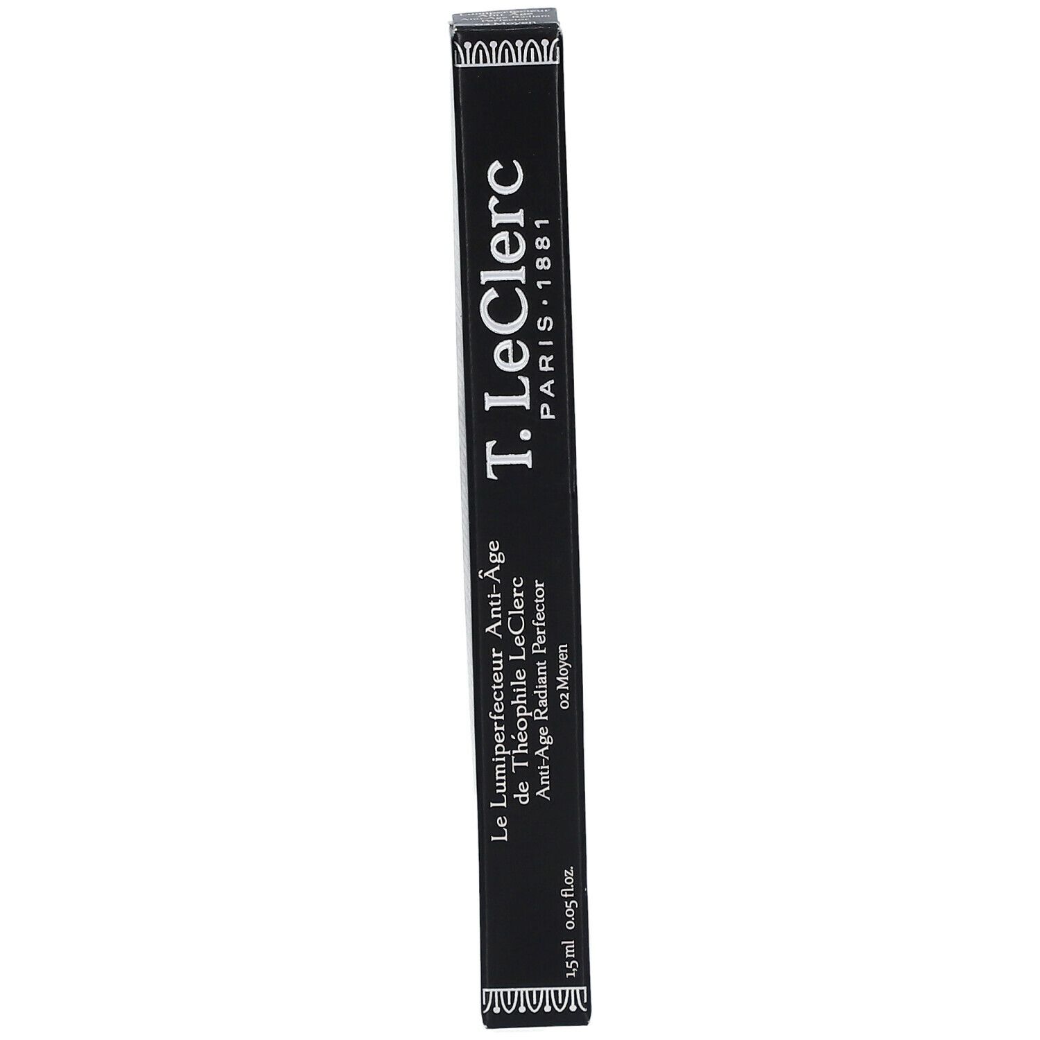 Zwarte verpakking T.LeClerc. Tekst: Le Lumiparfait Anti-Âge de Théophile LeClerc. 1,5 ml. Kleur Moyen.