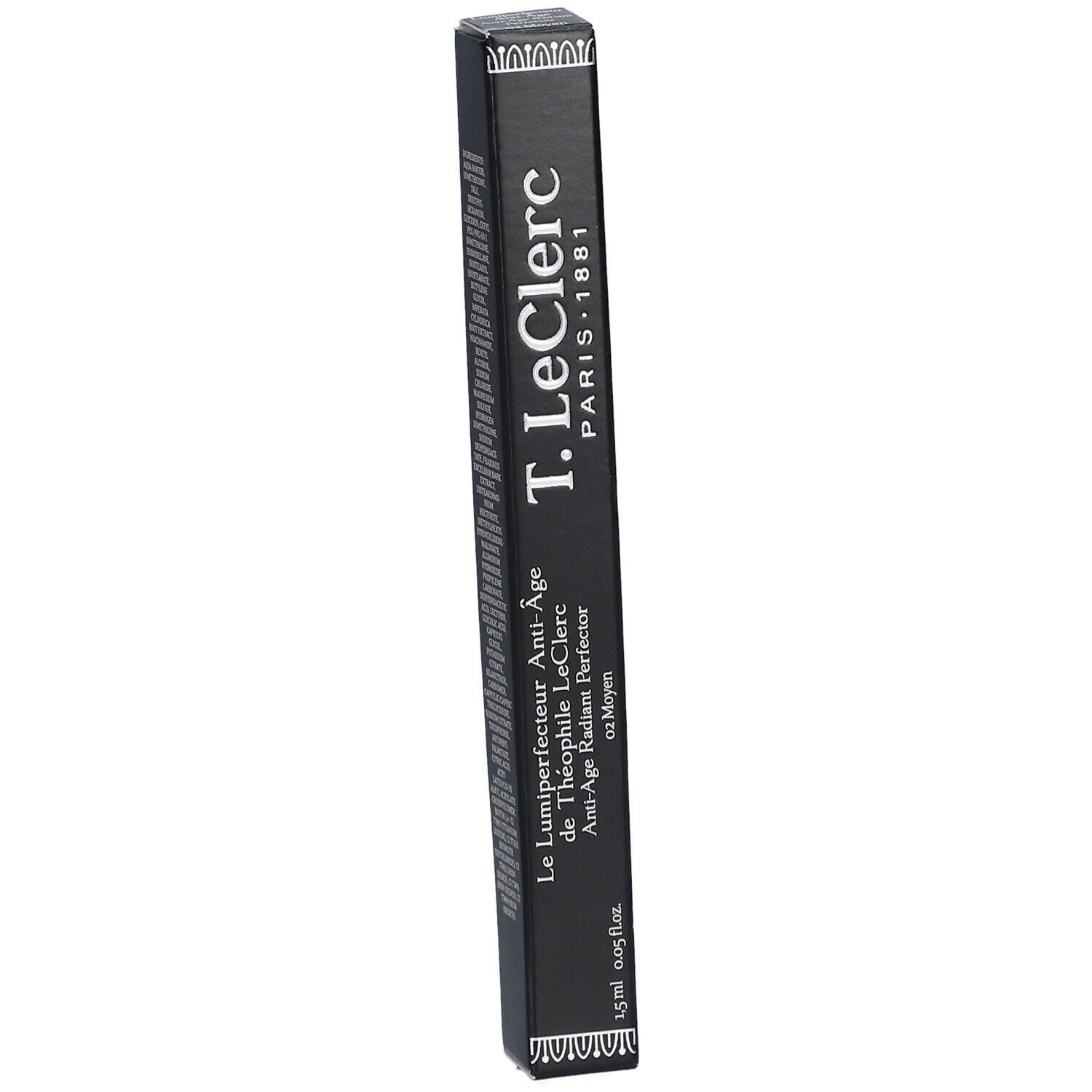 Zwarte verpakking T.LeClerc. Tekst: Le Lumiparfait Anti-Âge de Théophile LeClerc. 1,5 ml. Kleur Moyen.
