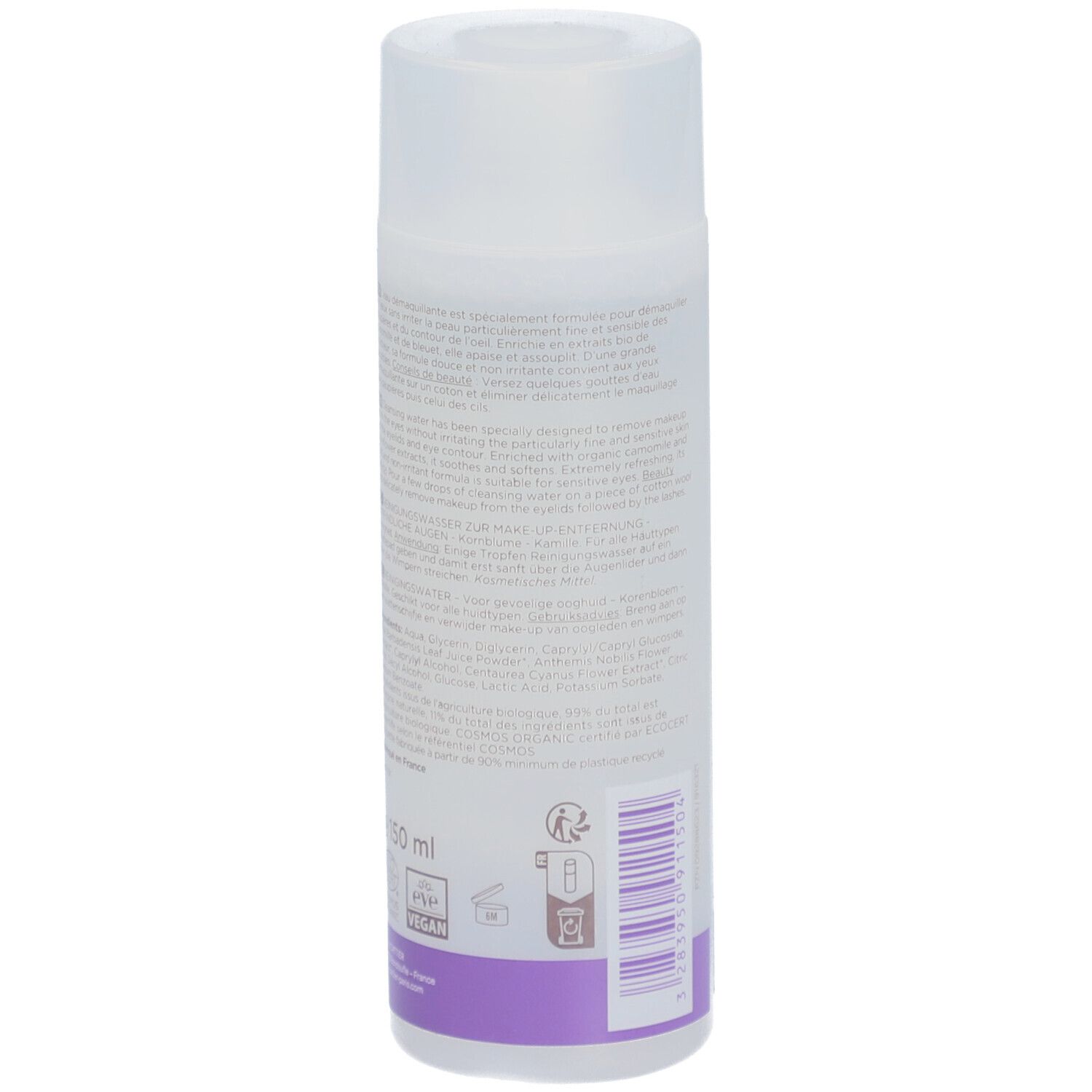 Achterkant van de fles. Tekst in meerdere talen. Vegan-logo, bio-label, 150 ml.