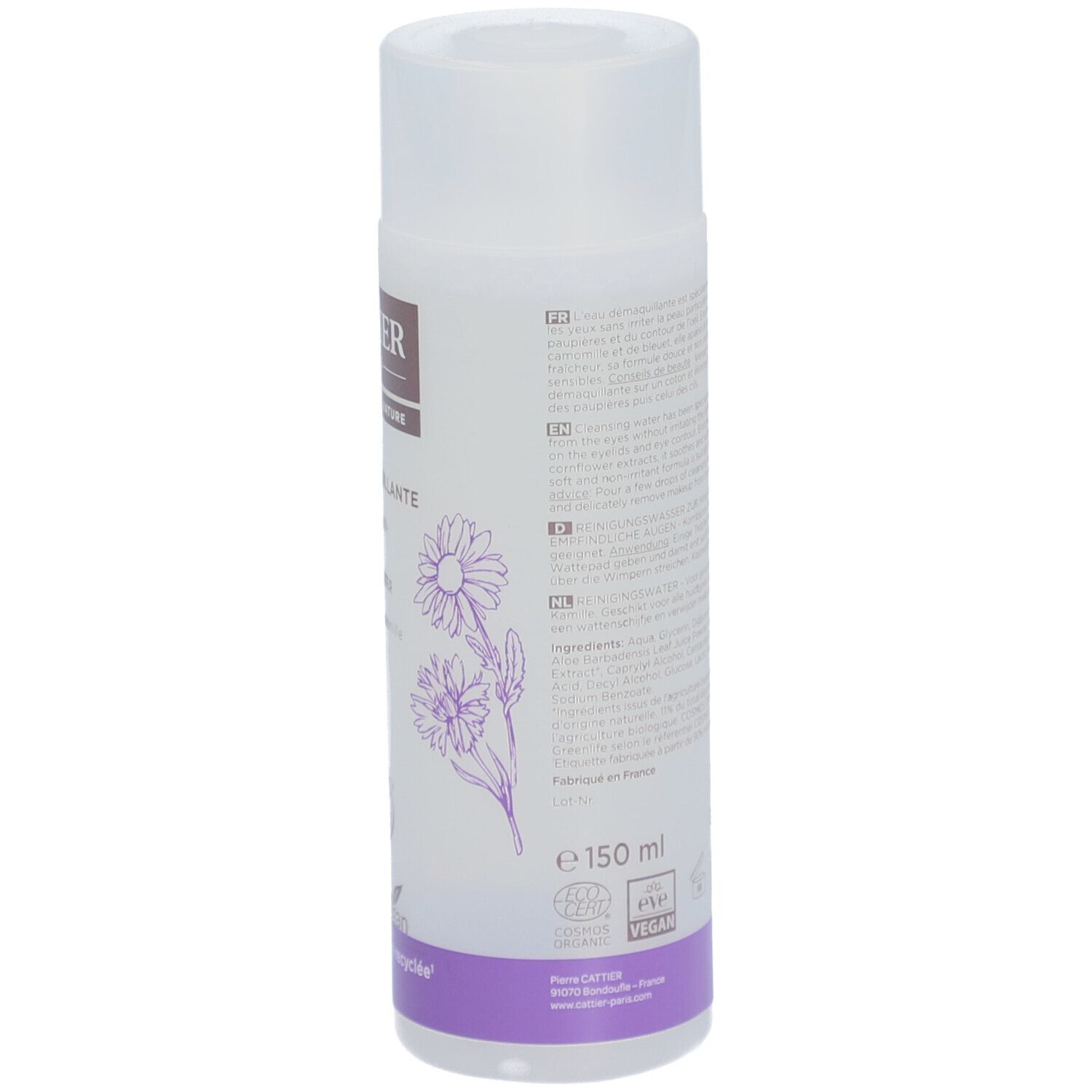 Achterkant van de fles. Tekst in meerdere talen. Vegan-logo, bio-label, 150 ml.